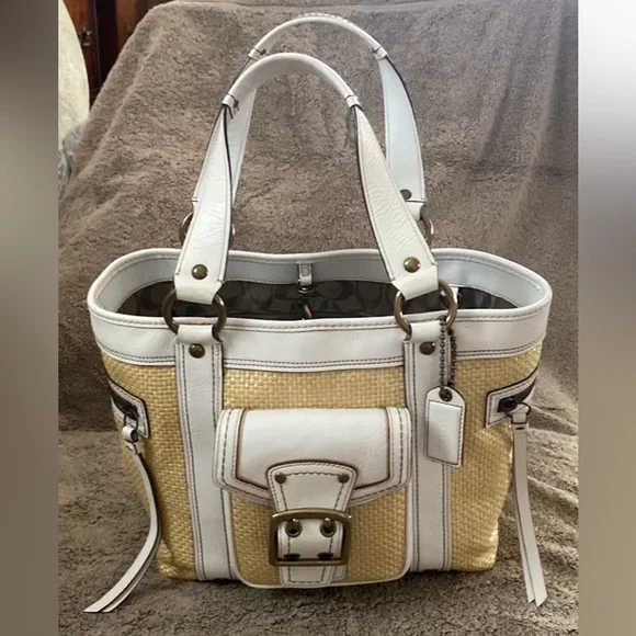 Coach Legacy White Leather Natural Tan Brown Woven Straw Rattan Raffia Handbag - Picture 1 of 16